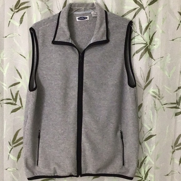 Cuffy’s Tops - Cuffy’s Cozy Gray Sleeveless Fleece Vest with Black Trim.  Front zipper.